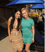 Vanessa Hudgens wears Tiger Lily jewelry Bohemian feather necklace posing with Hayden Panettiere